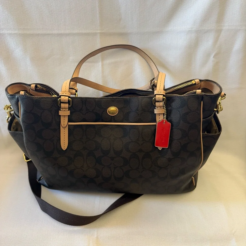 Coach Brown Signature Baby Bag with Tan Trim and Red Tag